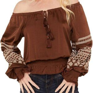 Shyanne Women's Satin Peasant Embroidered Blouse